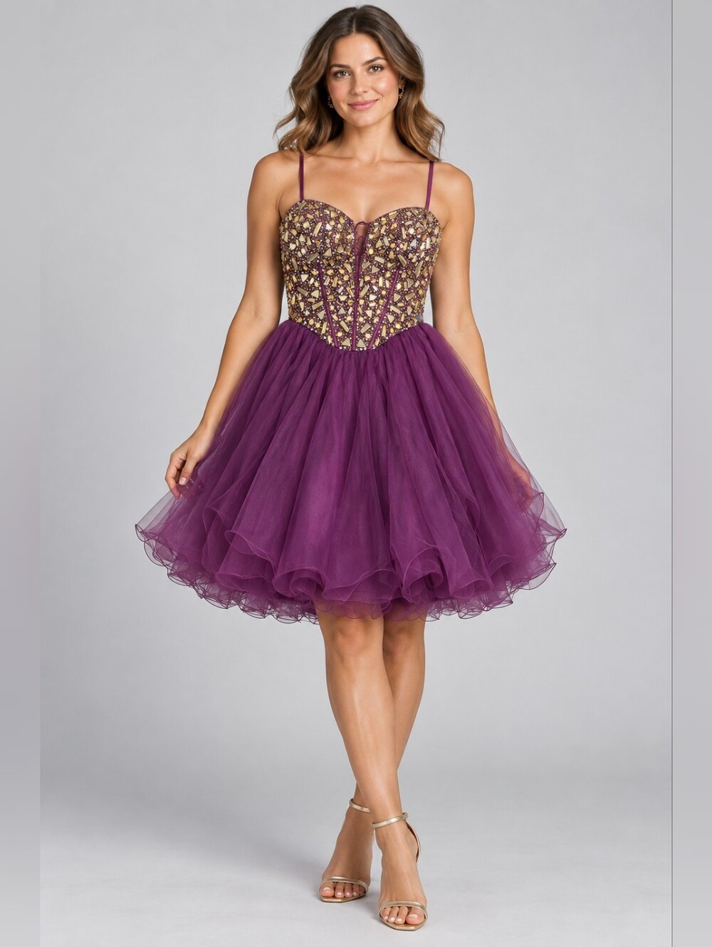 Dave & Johnny Plum Tulle Cocktail Dress with Gold Embellished Corset Size 13/14